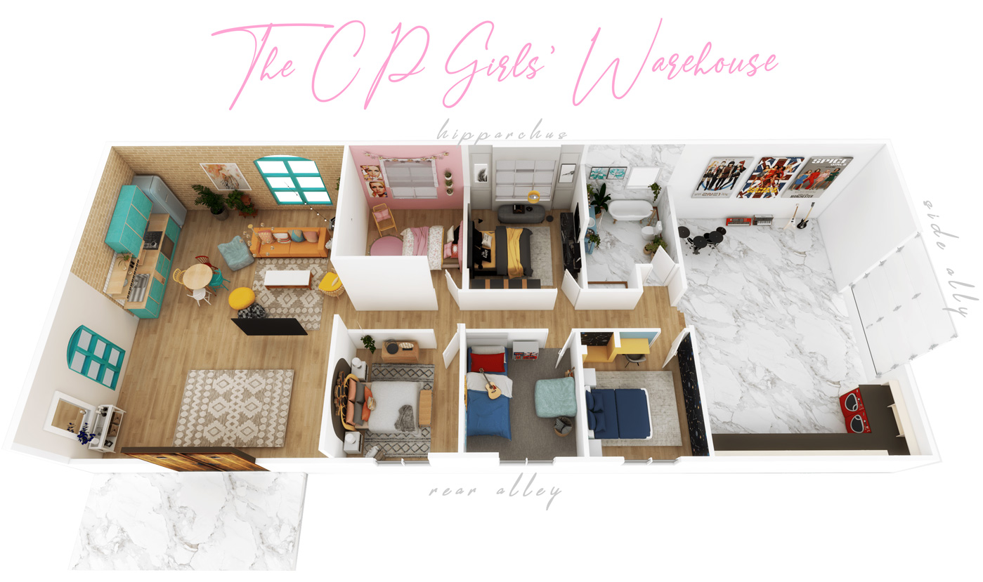 The Cyberpink girls' warehouse apartment floorplan