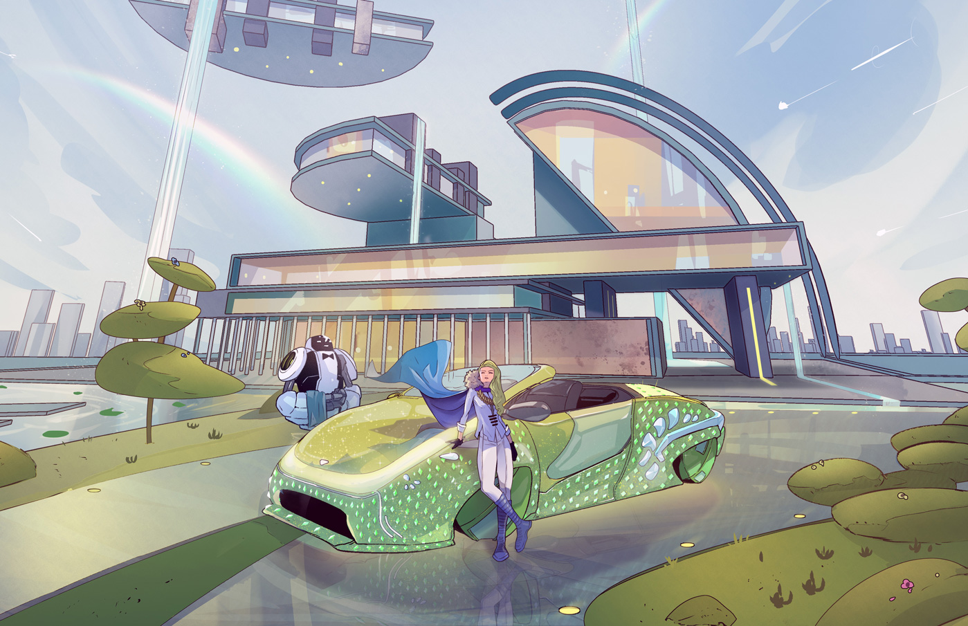 Aspen Colby poses beside diamond-covered car and Baxter, her robot butler, in front of her super-mansion. Her cape flows across the hood.
