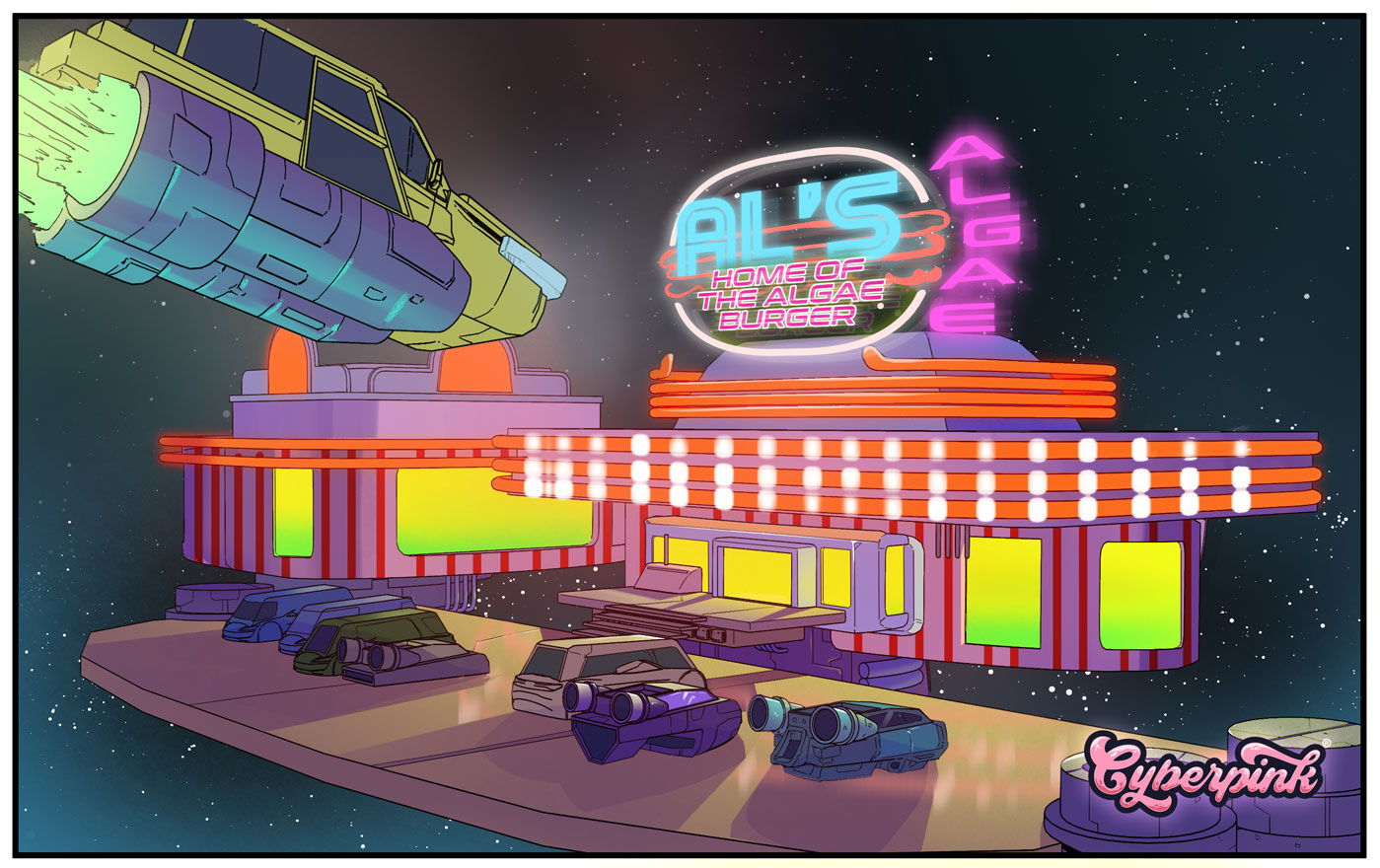 Al's Algae illustration from Cyberpink showing a space car approaching a diner in space